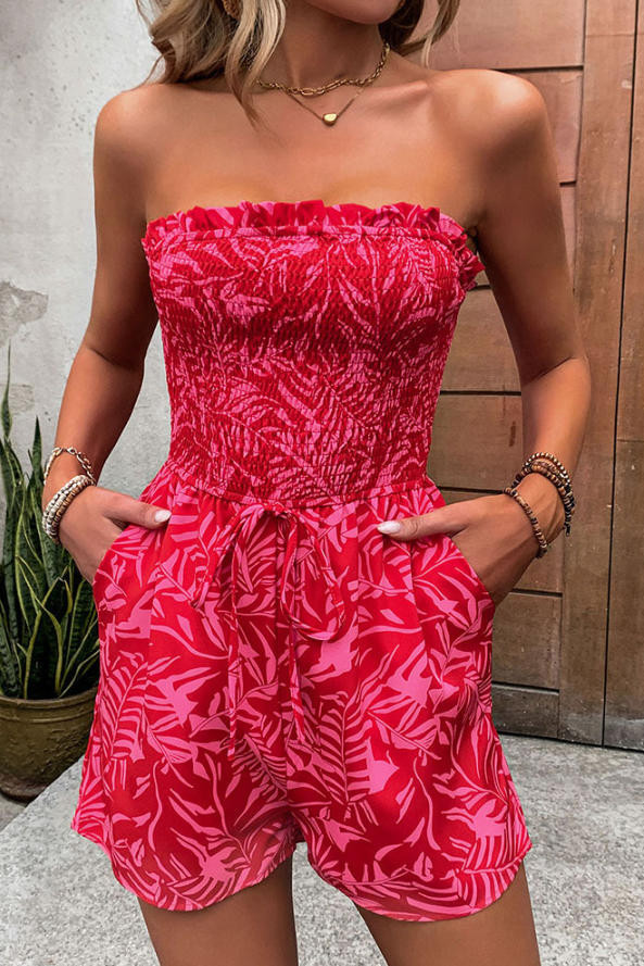Printed Ruffle Edge Strapless Jumpsuit