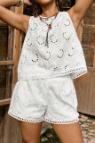 Solid Color Hollow Sleeveless Vest Shorts 2-piece Set