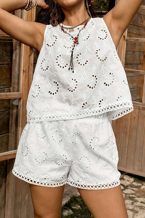 Solid Color Hollow Sleeveless Vest Shorts 2-piece Set