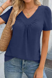 V-neck Pleated Bubble Short Sleeve T-shirt