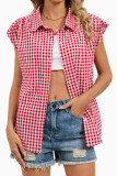 Checkered Print Lapel Short Sleeved Cardigan Shirt