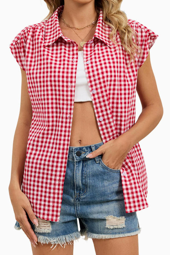Checkered Print Lapel Short Sleeved Cardigan Shirt