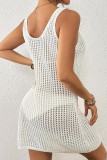 Solid Color Hollow Knitted Sleeveless Beach Dress