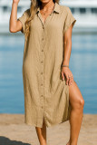 Solid Color Lapel Short Sleeved Cardigan Dress