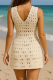 Solid Color Hollow V-neck Sleeveless Beach Dress