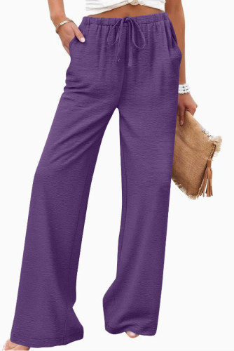 Solid Color Elastic Waist Wide Leg Pants