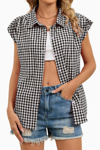 Checkered Print Lapel Short Sleeved Cardigan Shirt