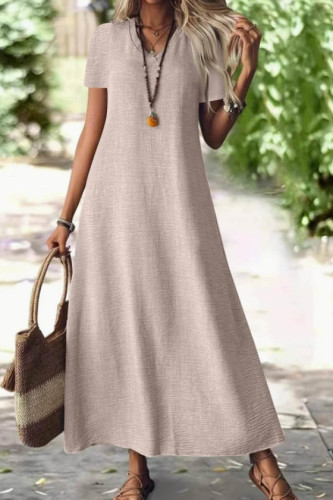 Solid Color V-neck Short Sleeved Dress