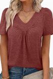 V-neck Pleated Bubble Short Sleeve T-shirt