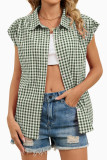 Checkered Print Lapel Short Sleeved Cardigan Shirt