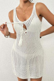Solid Color Hollow Knitted Sleeveless Beach Dress