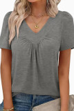 V-neck Pleated Bubble Short Sleeve T-shirt