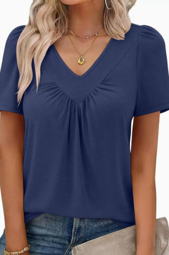 V-neck Pleated Bubble Short Sleeve T-shirt