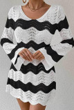 Striped Print V-neck Long Sleeved Beach Dress
