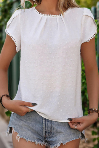 Swiss Dot Petal Short Sleeve White Shirt