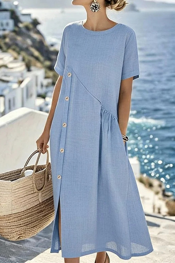 Round Neck Short Sleeved Solid Color Dress