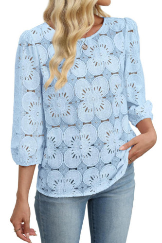  Lace Seven Quarter Sleeve Round Neck T-shirt