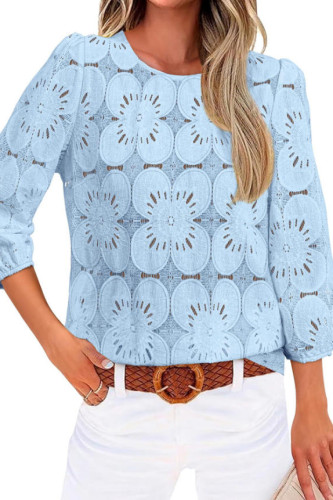 Lace Seven Quarter Sleeve Round Neck T-shirt