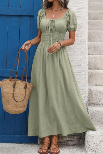 Square Neck Bubble Short Sleeve Waist Cinching Dress
