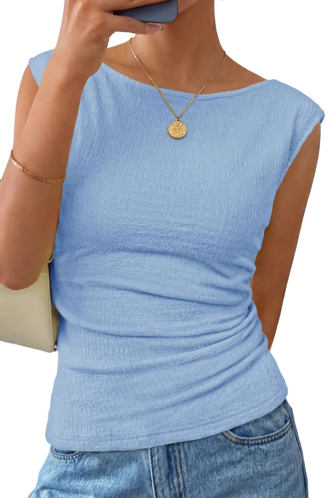 Round Neck Solid Color Waist Cinching Shirt