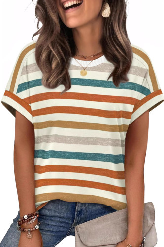 Round Neck Short Sleeved Striped T-shirt