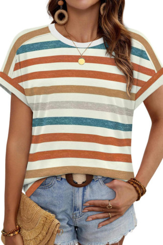 Round Neck Short Sleeved Striped T-shirt