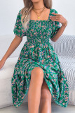 Square Collar Waist Cinching Floral Dress