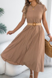Round Neck Short Sleeved Pocket Pleated Dress
