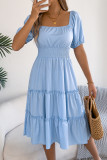 Square Neck Short Sleeved Ruffle Edge Dress