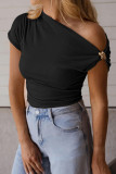 Slant Shoulder Metal Buckle Slim Fit T-shirt