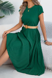 Round Neck Short Sleeved Pocket Pleated Dress