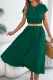 Round Neck Short Sleeved Pocket Pleated Dress
