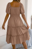 Square Neck Short Sleeved Ruffle Edge Dress
