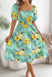 Floral Off-shoulder Short-sleeved Ruffled Dress