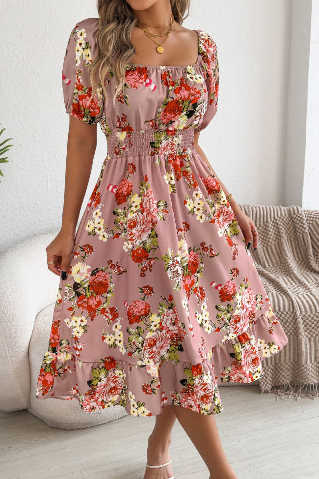 Printed Off Shoulder Short Sleeved Ruffle Edge Dress