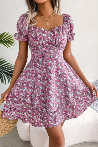 Floral Lace Up Ruffle Edge Short Sleeved Dress