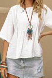 Round Neck Mid Sleeve Hollowed Out Shirt