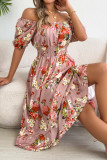 Printed Off Shoulder Short Sleeved Ruffle Edge Dress