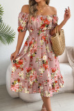 Printed Off Shoulder Short Sleeved Ruffle Edge Dress