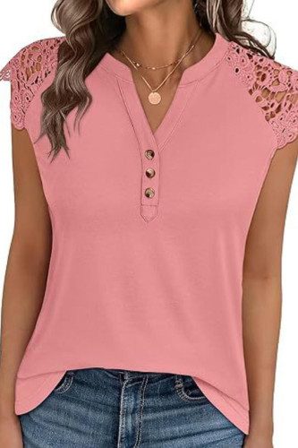 Solid Color Lace Patchwork V-neck T-shirt