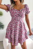 Floral Lace Up Ruffle Edge Short Sleeved Dress