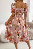 Printed Off Shoulder Short Sleeved Ruffle Edge Dress