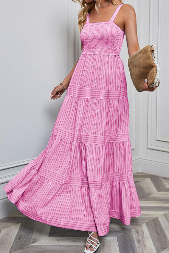 Sleeveless Waist Cinched Striped Printed Dress