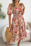 Printed Off Shoulder Short Sleeved Ruffle Edge Dress