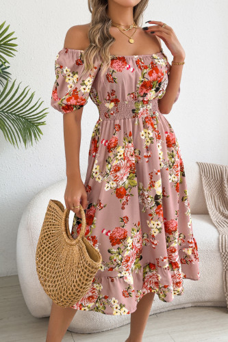 Printed Off Shoulder Short Sleeved Ruffle Edge Dress