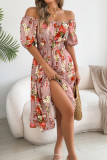 Printed Off Shoulder Short Sleeved Ruffle Edge Dress