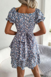 Floral Lace Up Ruffle Edge Short Sleeved Dress
