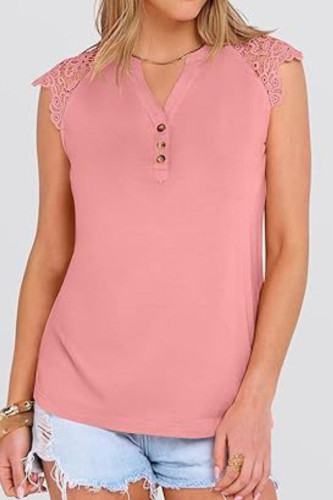 Solid Color Lace Patchwork V-neck T-shirt