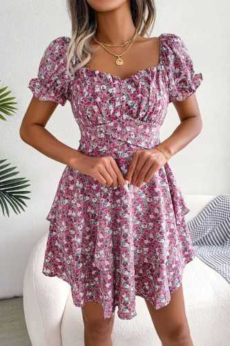 Floral Lace Up Ruffle Edge Short Sleeved Dress