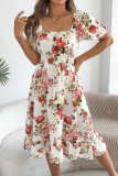Printed Off Shoulder Short Sleeved Ruffle Edge Dress